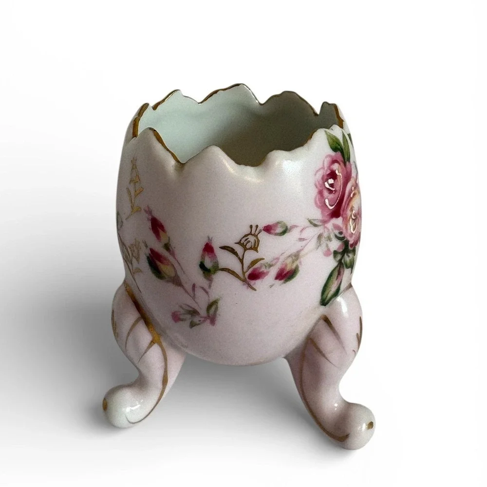 Vintage Fine Quality Japan Porcelain Floral‎ Egg Vase Pink Rose Gold Gilt Tripod